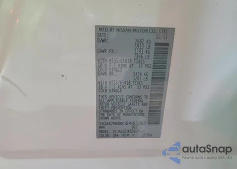 2013 Nissan Pathfinder S из США, поврежденный, VIN 5N1AR2MN8DC646592